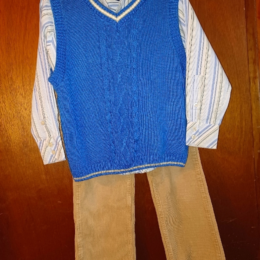 Tan Polo Cords, Striped Polo Button Down, and Blue Sweater Vest; Boys; Size 6